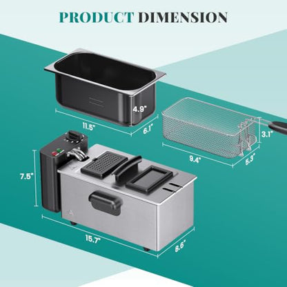 OLIXIS Deep Fryer for Home Use, Small Electric Fryer with 3 Liter Capacity, 1500W Power, 4 Adjustable Temp, Lid with Viewing Window for Fried Chicken, Shrimp, French Fries, Silver