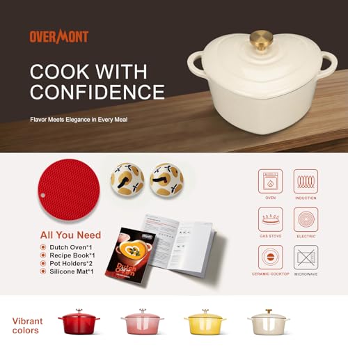 Overmont Enameled Cast Iron Dutch Oven - Heart-Shaped Pot with Lid Cookbook & Cotton Pot Holders - Mini Cookware Oven Safe to 500°F for Sourdough Baking Soups Stews - Great Gift for Wedding Birthday Housewarming 2QT White