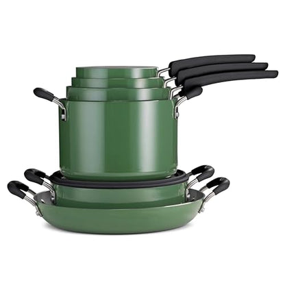 Tramontina Ceramic Non Stick 11-Piece Nesting Pots and Pans Set with Lids - Stackable Nonstick Cookware Set, Dishwasher and Oven Safe, Green