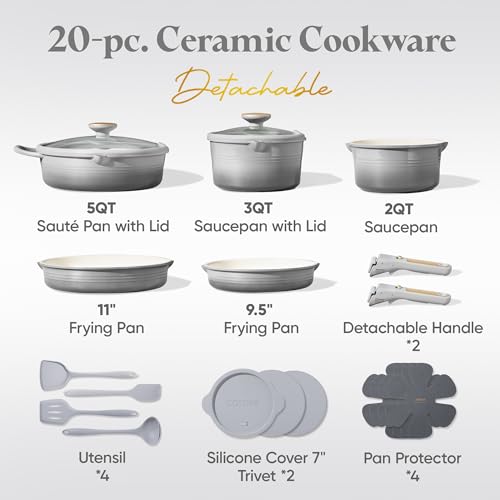 CAROTE 20Pcs Titanium Cookware Set, Pots and Pans Set Non Stick, Kitchen Cooking Set with Detachable Handle, Non Toxic Induction Cookware, Dishwasher/Oven Safe