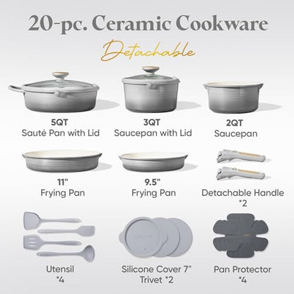 CAROTE 20Pcs Titanium Cookware Set, Pots and Pans Set Non Stick, Kitchen Cooking Set with Detachable Handle, Non Toxic Induction Cookware, Dishwasher/Oven Safe