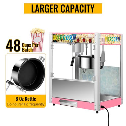 Commercial Popcorn Machine with 8 Oz Kettle, 850 W Countertop Popcorn Maker for 48 Cups per Batch, Theater Style Popper with 3 Switch Control Steel Frame Tempered Glass Doors (pink, 8OZ)