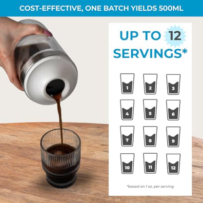 SHELBRU Cold Brew Coffee Maker Set (Brewer & Carafe), Up to 12 Servings of Concentrate, Reusable Stainless Steel Dual Filter, Durable Borosilicate Glass & Spill-Proof Pouring Spout, 16.9 fl oz / 500ml