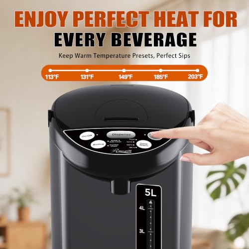 Rosewill Electric Hot Water Boiler and Warmer, Hot Water Dispenser with Auto Dispense Function, 5 Temperature Settings, Large Capacity 5.0 L (5.3 QT) - Black