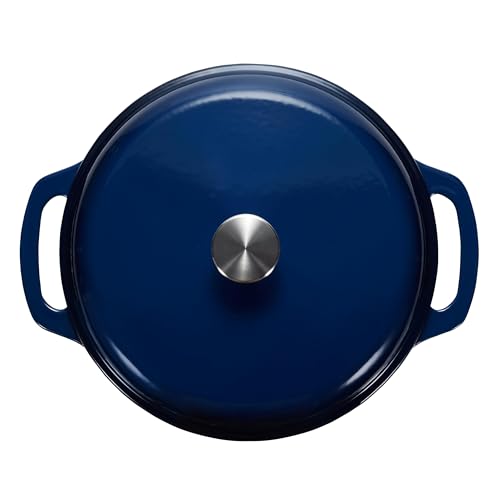 Amazon Basics Enameled Cast Iron Dutch Oven Pot with Lid, Round, Dual Handles, Heavy-Duty, Oven Safe for Baking, Roasting, Stews, 7.3-Quart, Navy