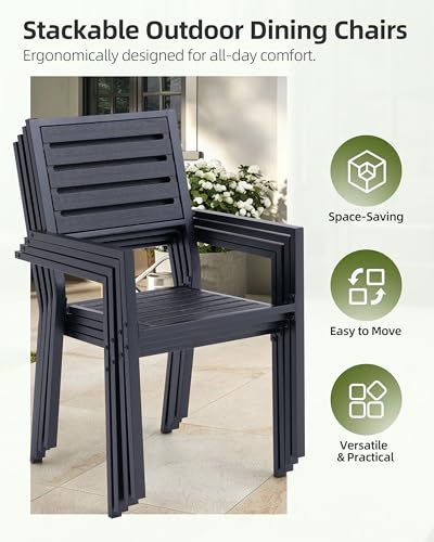 AZXZCS 10-Piece Outdoor Dining Set - Two 47.25" HDPE Patio Tables and 8 Stackable Armrest Chairs - All-Weather Rust-Proof Steel Frame for Garden, Deck(Black)