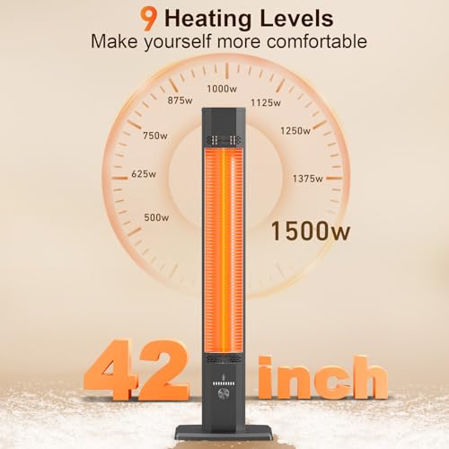 AIRTHRYL 42 INCH Outdoor Patio Heater, 9 Heat Levels & 9 Hour Timer, 1500W, 1S Instant Heat, Infrared Heater with Child Safety Lock, IP65 Waterproof, Tip-Over for Outdoor Indoor Use, Black