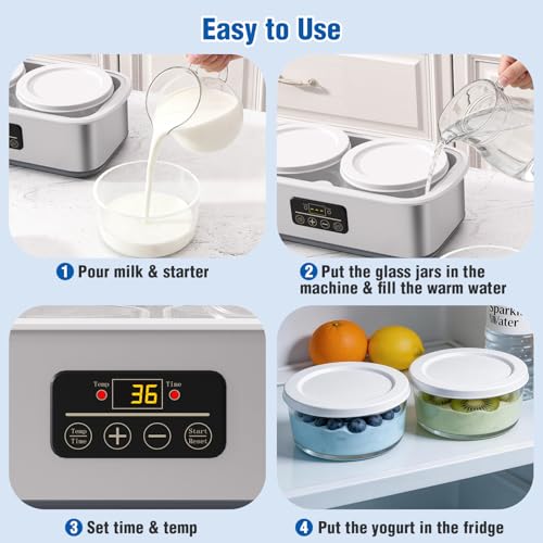 Yogurt Maker with Adjustable Time and Temp Control, Yogurt Maker Machine with Automatic Shut-Off & Constant Temper for Homemade Probiotic, Greek Yogurt, BPA-Free 2 Bowls 2 Quart (Grey)