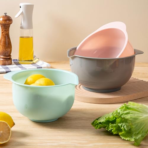 Cheeren Set of 3 Mixing Bowls with Pour Spout-Nesting Design Saves Space - Non-Slip, BPA Free, Dishwasher Safe Plastic - Kitchen Cooking and Baking Supplies (Green Pink Grey)