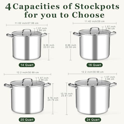 Leonyo 20QT Stock Pot, 18/10 Stainless Steel Soup Pot With Lid, Heavy Duty Stockpot Compatible with All Stoves, Food Grade Cookware for Pasta, Seafood, Spaghetti, Non Stick & Tri-Ply Base