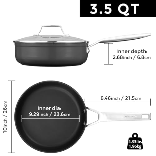 MsMk 3.5 Quart Deep Frying pan, 10-inch Durable pans for refreshing old saute pan with lid, Deep and straight edge, Easy Clean-Up, Even Heating, Comfortable Handling, Induction Compatibility,