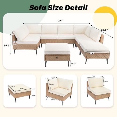 LVUYOYO 8 Pieces Outdoor Patio Furniture Set, Wicker Sectional Sofa Set for All-Weather, Rattan Conversation Sets with Cushions and Storage for Deck, Backyard, Porch (Khaki)
