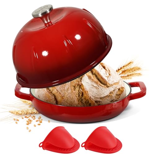 Davivy Sourdough Dutch Oven, 5QT Round Cast Iron Bread Oven, Bread Cloche Dutch Oven Bread Pan with Silicone Mini Pot Holders - Cherry Red