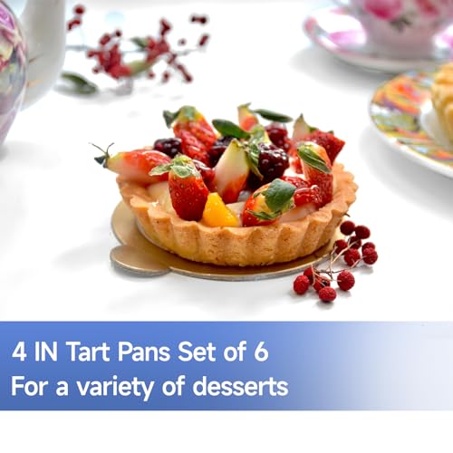 Urxirha 6 Pack Mini Fluted Tart Pans 4 Inch with Removable Bottom, Nonstick Quiche Pan with Silicone Basting Pastry Brush for Baking Treats, Pie, Quiches, Tartlets