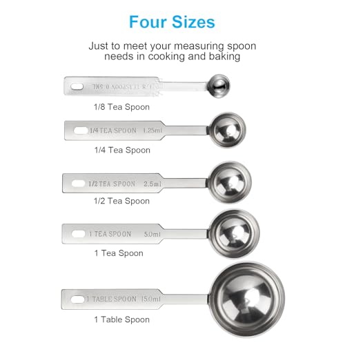 5PCS OstWony Measuring Spoons Set, Includes 1/8 tsp, 1/4 tsp, 1/2 tsp, 1 tsp, 1 tbsp, Food Grade Stainless Steel measuring cups, Tablespoon and Teaspoon for Measure