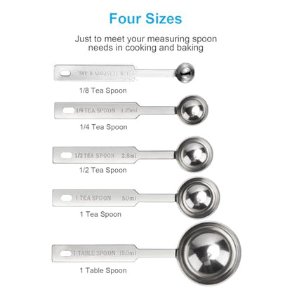 5PCS OstWony Measuring Spoons Set, Includes 1/8 tsp, 1/4 tsp, 1/2 tsp, 1 tsp, 1 tbsp, Food Grade Stainless Steel measuring cups, Tablespoon and Teaspoon for Measure