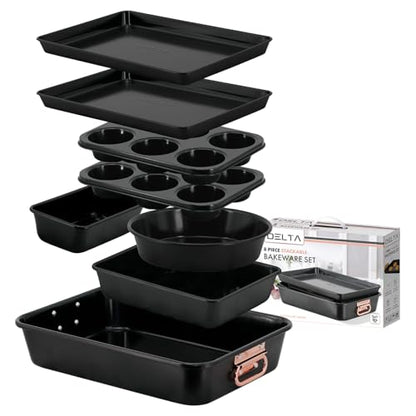 Prime Cuisine Stackable Nonstick Bakeware Set, 8 Piece Baking Pan Set, Oven Safe Carbon Steel, Includes Cookie Sheet, Muffin Pan, Loaf Pan & Roaster