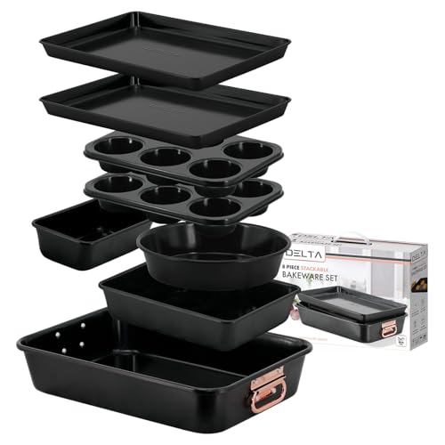 Prime Cuisine Stackable Nonstick Bakeware Set, 8 Piece Baking Pan Set, Oven Safe Carbon Steel, Includes Cookie Sheet, Muffin Pan, Loaf Pan & Roaster
