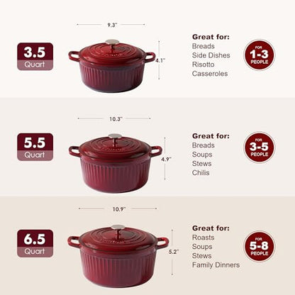 SENSARTE Enameled Cast Iron Dutch Oven Pot with Lid 3.5/5.5/6.5 Quart Heavy-Duty Round Dual Handles Kitchen Pot with Cotton Potholders & Silicone Trivet, Pot for Bread Baking, Stews, Braising, Roasting, Oven Safe, 6.5 Quart, Red