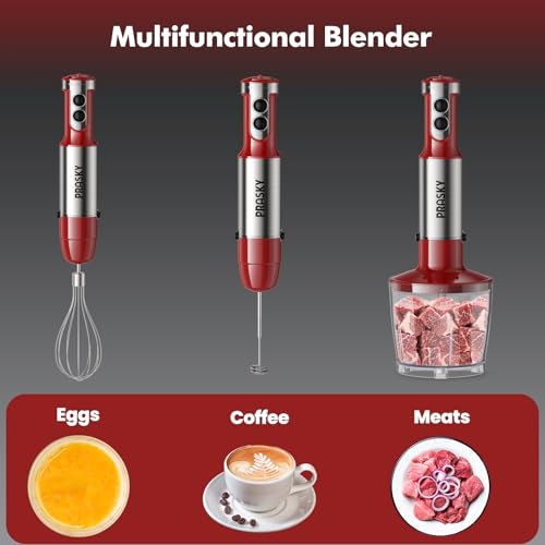 Immersion Blender Handheld 1200W, 5-in-1 Hand Blenders, 20 Speeds Hand Mixer, Stainless Steel Blades, Milk Frother Wand, Whisk, Beaker, Suitable for Kitchen, Protein Shakes and Baby Food (Red)