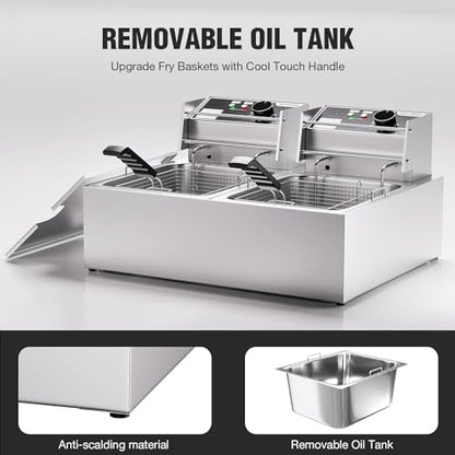 20.7Qt Deep Fryer, 3400W Electric Countertop Deep Fryer with 2 x 6.35 QT Removable Basket Commercial Deep Fryers Frying Machine w/Temperature Control