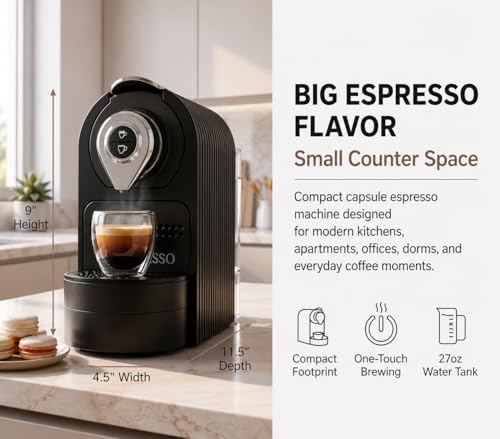 Mixpresso Black Espresso Coffee Machine – Compact 1400W Single Serve Coffee Maker Compatible with Nespresso OriginalLine Capsules, One-Touch Operation, 19-Bar Italian Pump, 27oz Water Tank