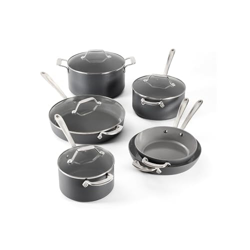 All-Clad HA1® Ceramic Nonstick, 10 Piece Cookware Set - Oven Safe up to 450° & Compatible with All Stovetops (Gas, Electric & Induction), Light Grey