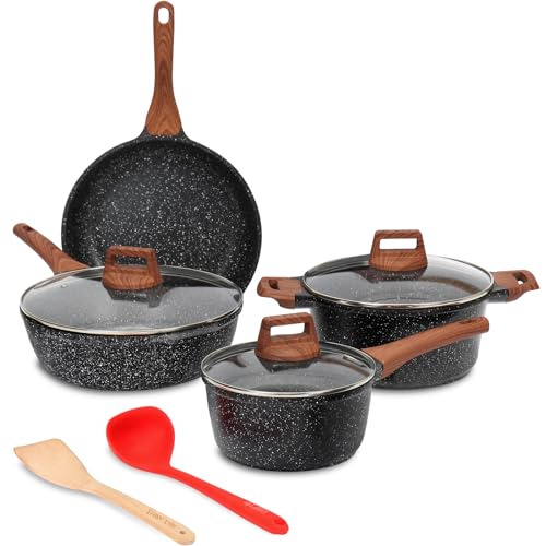 ESLITE LIFE Nonstick Cookware Sets, 9 Pcs Granite Coating Pots and Pans Set Kitchen Cooking Set, Compatible with All Stovetops (Gas, Electric & Induction), PFOA Free, Black