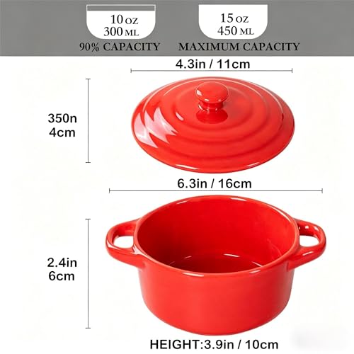 Mini Cocotte Set of 4, 15 oz Ceramic Mini Dutch Ovens with Lids and Handles, Small Casserole Dishes for Baking, Soufflé and Baked Desserts, Oven Microwave Dishwasher Safe, Red