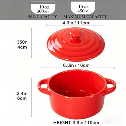 Mini Cocotte Set of 4, 15 oz Ceramic Mini Dutch Ovens with Lids and Handles, Small Casserole Dishes for Baking, Soufflé and Baked Desserts, Oven Microwave Dishwasher Safe, Red