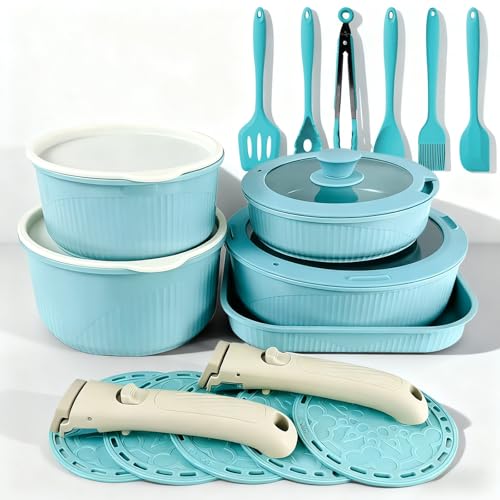Fnorant 24 Pcs pots and pans set,cookware set non stick,pots and pans set Oven-safe and dishwasher-safe,PFAS/PFOA Free,Induction Dishwasher Oven Safe cookware set (Blue)