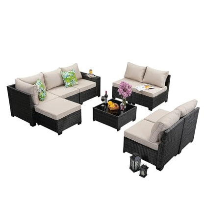 Jing's Villa 9-Piece Patio Furniture Set, All-Weather Outdoor Wicker Sectional Sofa with Cushions, Tempered Glass Table & Ottoman, Rattan Conversation Seating for Porch, Garden, Backyard,Beige