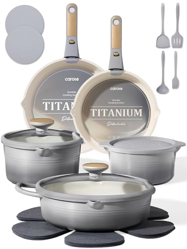 CAROTE 20Pcs Titanium Cookware Set, Pots and Pans Set Non Stick, Kitchen Cooking Set with Detachable Handle, Non Toxic Induction Cookware, Dishwasher/Oven Safe