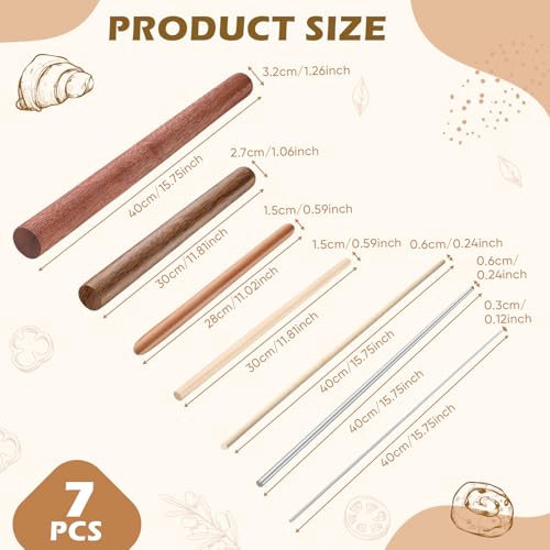 Baderke 7 Pcs Italian Rolling Pins Set Wood and Stainless Steel Pasta Rolling Pin Dough Pasta Roller for Making Wontons, Dumplings, Pastas, Ramen, Udon Noodles, Flat Bread, Tortillas