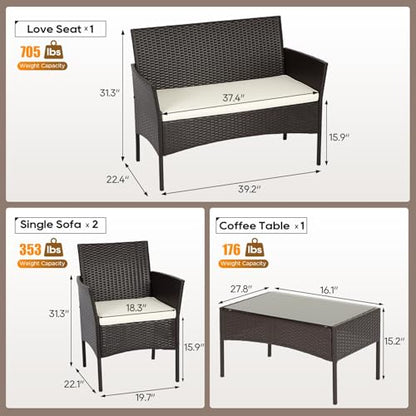FDW 4-Piece Patio Furniture Set | Brown | Outdoor Wicker Furniture