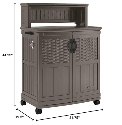 Suncast Patio Storage and Prep Station with 47-Gal. Cabinet, Adjustable Shelf, and Utensil Hooks, Outdoor Rolling Storage Cabinet and Grill Prep Table, Made in The USA