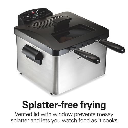 Hamilton Beach Electric Deep Fryer with 3 Baskets and Lid, 4.5 Liters / 19 Cups Oil Capacity, Temperature Control, View Window, Professional Style, 1800 Watts, Stainless Steel (35034)