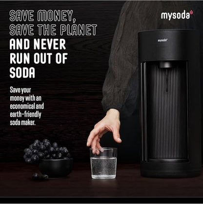 Mysoda Glassy Soda Maker + 1L Glass and 1L Plastic Bottle - Silent Carbonated Water Machine Soda Maker with Sliding Door Opening - No Cylinder Included - Black
