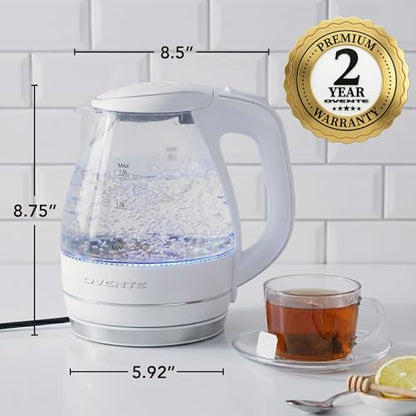 OVENTE 1.5L Glass Electric Kettle Water Boiler, White KG83W