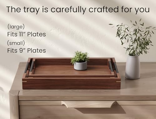 Fibogollo Walnut Wood Set of 2 Serving Tray with Metal Handles,Ottoman Decorative Trays Platter for Coffee Table,Living Room,Bar