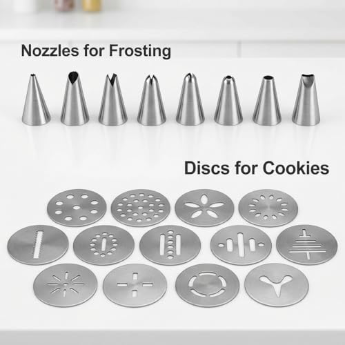 QWORK Stainless Steel Cookie Press Kit – 13 Discs & 8 Tips for Soft Dough, Frosting & Baking Decor