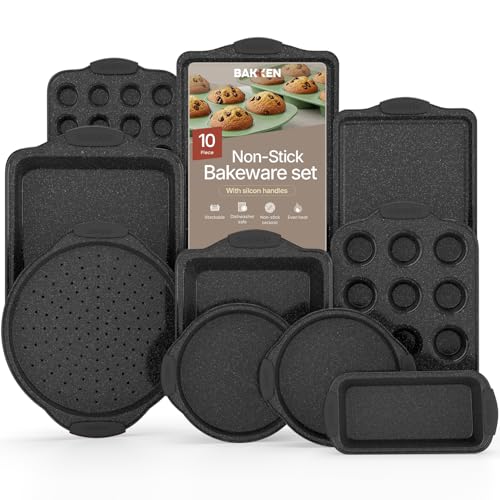 BAKKEN Kitchen Baking Pan Set - Nonstick Coating, Carbon Steel Bakeware Sets with Gray Silicone Handles, Baking Kitchen Essentials, PFOA, PFOS, PTFE Free, Oven Safe Tray (Up To 450° F), Set of 10