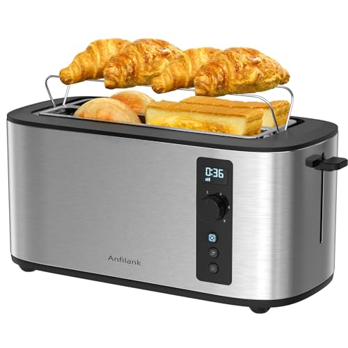Anfilank Toaster 4 Slice with Countdown Timer, Extra Wide Slots for Bagels and Waffles, 6 Browning Settings, Removable Crumb Tray, Stainless Steel