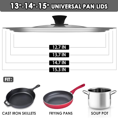 GDDGCUO 13-14-15 in Universal Pan Lid, Extra Large Stainless Steel Pot Lid for Pots, Pans, Skillets, Replacement Frying Pan Lid with Heat Resistant Silicone Knob, Dishwasher Safe