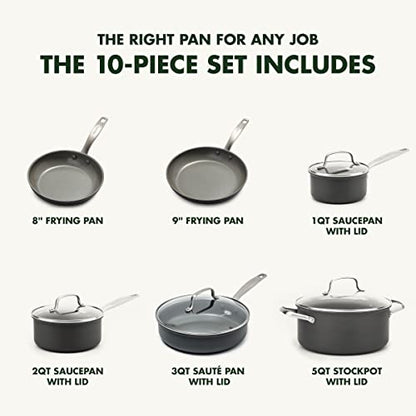 GreenPan Chatham Hard Anodized Healthy Ceramic Nonstick 10 Piece Cookware Pots and Pans Set, Frying Pan Skillets, Saucepans, Saute Pan, Stockpot, Lids, PFAS-Free, Dishwasher & Oven Safe, Gray