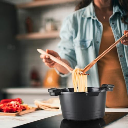 5qt Pasta Pot with Strainer Lid, Cast Aluminum Stockpot Multipot, Nonstick Ceramic Coating make Cleanup easy with Tempered Glass Lid, Dishwasher Safe, Induction, Black