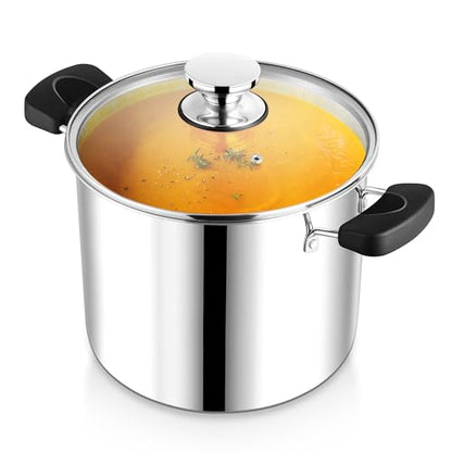 12 Quart 3-Ply Cooking Stock Pot with Lid, P&P CHEF Stainless Steel Large Pot for Pasta Soup, Work on Multi Stove, Heavy Duty & Dishwasher Safe, Dual Heat-resistant Handles & Transparent Glass Lid