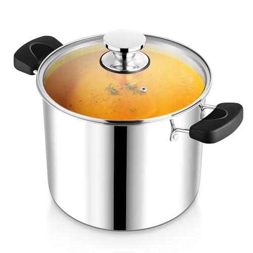12 Quart 3-Ply Cooking Stock Pot with Lid, P&P CHEF Stainless Steel Large Pot for Pasta Soup, Work on Multi Stove, Heavy Duty & Dishwasher Safe, Dual Heat-resistant Handles & Transparent Glass Lid