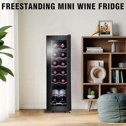 STAIGIS 12 Bottle Wine Cooler, Mini Fridge for Red and White, Small Freestanding Refrigerator with 40-66F Digital Temperature Control Glass Door