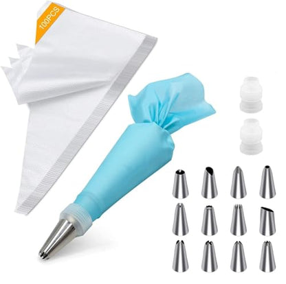 Tamodan Piping Bags and Tips, Cake Piping Bags and Tips Suitable for Beginners Included 100PCS 16 Inch Disposable Piping Bags with 12 Piping Tips Set, 2 Coupler and 1 Reusable Pastry Bags